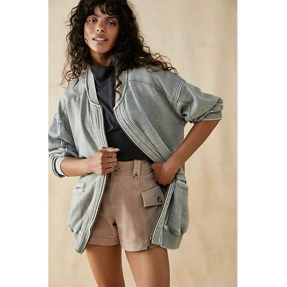 Free People Robby Bomber Full Zip Jacket S Washed Army Green Slouchy Grunge Edgy
